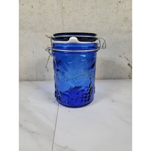 Vintage Cobalt Blue Glass 12 Panel Canister 6" Jar Wire Bail Lid fruit